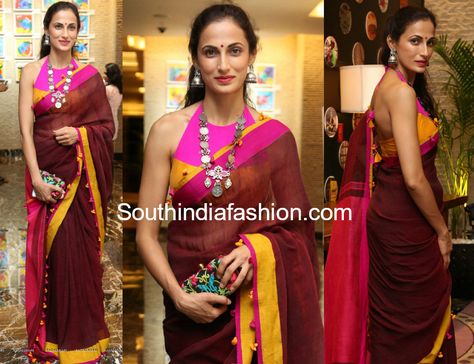 Shilpa Reddy in a linen saree Shilpa Reddy, Halter Neck Blouse, Halter Neck Blouses, Linen Saree, Sari Blouse, South India, India Fashion, Saree Blouse, Halter Neck