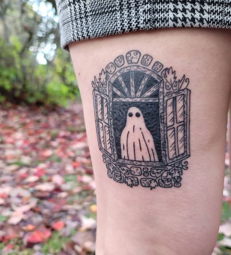 Ghost Tattoos Flower, Ghost Polaroid Tattoo, Ghost Stamp Tattoo, Ghost In Window Tattoo, Ghost In Frame Tattoo, Hatbox Ghost Tattoo, Ghost Mirror Tattoo, Vintage Ghost Tattoo, Ghost In Mirror Tattoo