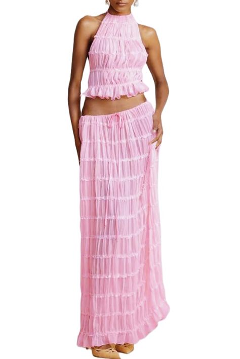 Ruffle Long Skirt, Halter Cami Top, Summer Two Piece Outfits, Long Skirt Set, Backless Cami Top, Long Skirt Summer, Maxi Skirt Set, Flowy Maxi Skirts, Long Skirt Outfits