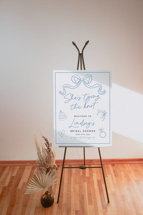 She's Tying The Knot Bridal Shower Welcome Sign, Blue Bow, Blue and White, Hand Drawn, Whimsical, Editable Printable, Coquette by TheTinyOwlCo on Etsy Bridal Shower Welcome Sign, Shower Welcome Sign, Tying The Knot, White Hand, Blue Bow, The Knot, Welcome Sign, Bridal Shower, Hand Drawn