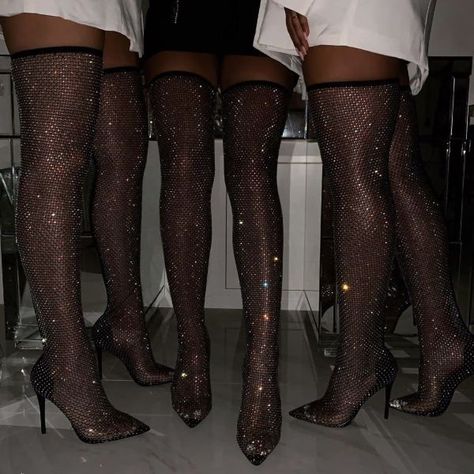 Black Mesh Thigh High Heel Boots Sparkly Stiletto Heel Boots Sexy Pointy Toe Stiletto Heels Long Boots for  Christmas Party Sexy Dancing Heels For Ladies Queen Date, Big day | FSJ Thigh High Heels, Jeweled Shoes, Rhinestone High Heels, Thigh High Boots Heels, Black High Heels, Heel Boots, Thigh High Boots, High Heel Boots, Thigh High