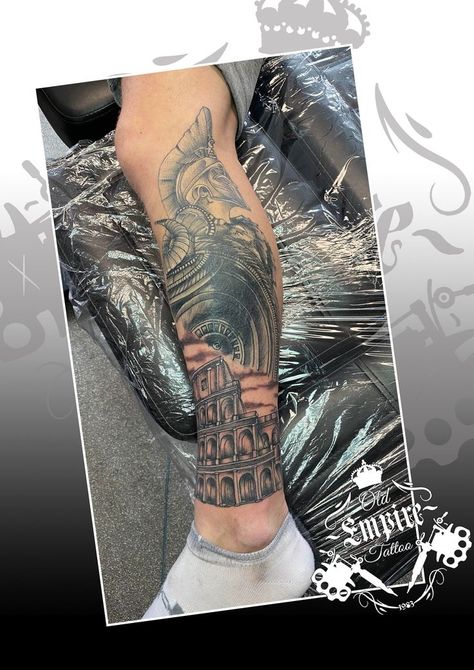 Roman Empire Tattoo, Colosseum Tattoo, Empire Tattoo, The Colosseum, Leg Tattoo, Black And Grey Tattoos, Roman Empire, Leg Tattoos, Tattoo Studio