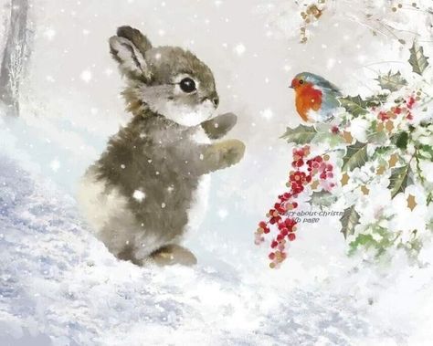 Snow Bunny Painting, Christmas Animals Drawing, Winter Animal Art, Drawing Winter, Animal Paintings Acrylic, Christmas Landscape, Storybook Art, Creation Art, Christmas Artwork