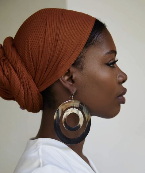 Black Woman Side Profile, Light Browns, Headwrap Hairstyles, Horn Earrings, Head Wrap Styles, Head Scarf Styles, Bold Accessories, Face Photography, Hair Reference