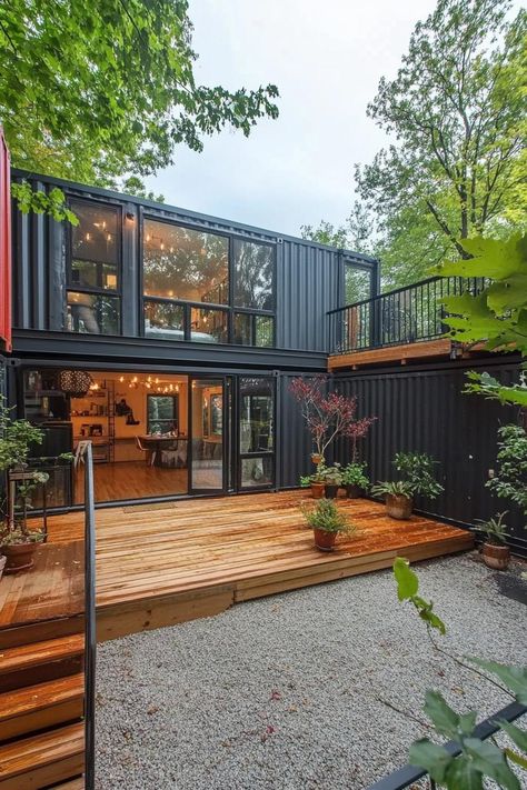 Modern shipping container home courtyard with decks and porches. Check out these shipping container homes and learn their advantages, design appeal, and unique characteristics. Container Tiny Homes Ideas, Shipping Container Courtyard, Industrial Shipping Container Home, Shipping Container Playhouse, Inside Container Homes, Two Shipping Container Homes, Cargo Container Homes Floor Plans, Container A Frame Home, Container Home With Courtyard