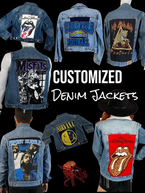 Customized Denim, Rocker Jacket, Womens Jean Jacket, Image Rock, Customised Denim Jacket, Custom Jean Jacket, Chargers Football, Jean Jacket Men, Rock Concert