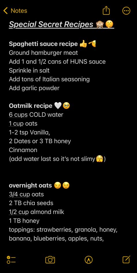 Aesthetic Recipes Notes, Oat Milk Recipe, Spaghetti Sauce Recipe, Hamburger Meat, Summer Snacks, Recipe Notes, Honey And Cinnamon, Oats Recipes, Secret Recipe