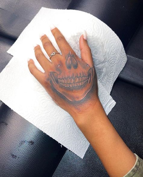 Hand Tattoos On Black Guys, Skull Hand Tattoos For Women, Hand Tattoo Animals, Hand Tattoos For Females, Gangsta Tattoos For Women Hand, Female Hand Tattoos Black Women, Cute Hand Tattoos Black Women, Hand Tattoos For Women Skull, Thug Tattoos For Women Leg