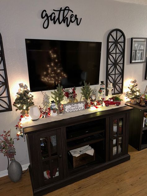 #christmasdecor #christmas #thanksgiving #aesthetic Tv Stand Xmas Decor, Christmas Decor Ideas For Tv Stand, Christmas Decor Ideas Tv Stand, Decorate Tv Stand, Tv Stand Christmas, Tv Stand Christmas Decor, Christmas Tv Stand, Thanksgiving Aesthetic, Christmas Tv