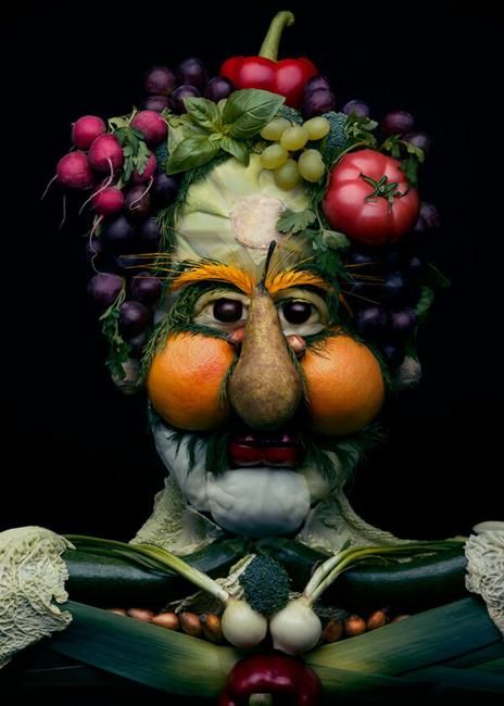 Colorful Food Art, Ideas to Compose Faces of Fresh Fruits, Vegetables, and Green Leaves Fruit Portrait, Guiseppe Arcimboldo, Giuseppe Arcimboldo, Amazing Food Art, Art Photography Portrait, Fruit Photography, Italian Painters, Images Vintage, Diy Photography