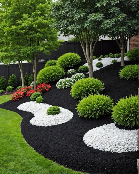 Landscape Walkway Ideas Front Yards, Walkway Design Landscape, House Landscape Front Yard, Mailbox Landscape Ideas, Black And White Landscaping, Black Stone Landscaping, Black Lava Rock Landscaping, Lawn Ideas Landscaping, Black Mulch Landscaping