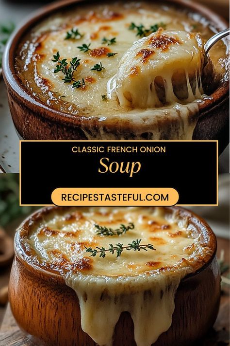 A rich and savory soup made with caramelized onions, broth, and topped with melted Gruyère cheese, perfect for a cozy meal. Baked French Onion Soup Recipe, Famous Barrs French Onion Soup, French Onion Soup With Provolone Cheese, Gf French Onion Soup, French Onion Soup Quick, Gourmet French Onion Soup, Stove Top French Onion Soup, Restaurant French Onion Soup, French Onion Soup With Chicken