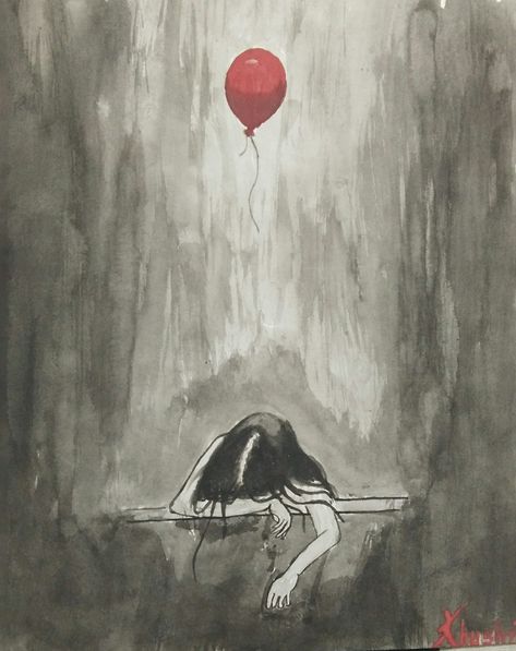 ($5) you may contact me for buying my artworks. #abstract painting #watercolour painting #sad girl #crying girl #balloon #deep #pain Deep Emotional Paintings Abstract, Overthinking Abstract Painting, Pain Artwork Paintings, Overthinking Painting Ideas On Canvas, Emotional Painting Ideas, Deep Painting Ideas, Painting Of Overthinking, Paintings About Loneliness, Pain Paintings Artworks