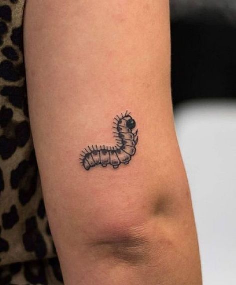 Small Critter Tattoo, Simple Caterpillar Tattoo, Small Caterpillar Tattoo, Fuzzy Caterpillar Tattoo, Small Bug Tattoo Ideas, Catapiller Tattoo, Inch Worm Tattoo, Stick Bug Tattoo, Caterpillar Tattoos