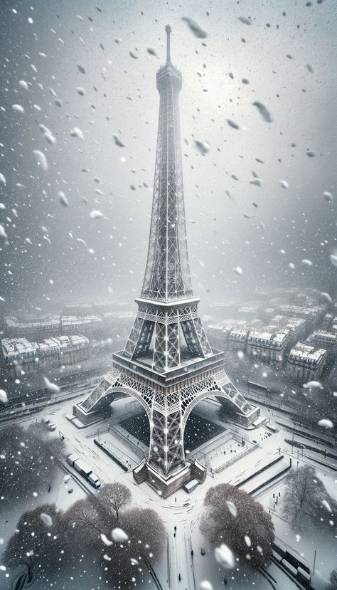 The Eiffel Tower covered in snow with flurries falling, surrounded by a snowy Parisian landscape. Paris Photography Eiffel Tower Wallpaper, Paris Photography Eiffel Tower, Tower Wallpaper, Paris Snow, Fall In Paris, Parisian Winter, Paris In Autumn, Realistic Photos, Paris Winter