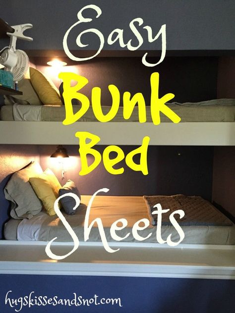 how to make easy bunk bed sheets that will always stay tucked in and making the top bunk not so difficult. Bunk Bedding Ideas, Bunk Bed Bedding Ideas, Bedding For Bunk Beds, Travel Trailer Kids Room Bunk Bed, Rv Twin Bunk Bedding, Rv Bunk Bed Crib, Rv Bunk Bed Sheets, Camper Crib Bunk, Bunk Bed Bedding