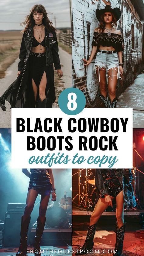 women wear black cowboy boots rock outfits, western outfits Style Black Cowboy Boots, Black Cowboy Boots Women, Concert Outfit Cowboy Boots, Black Cowgirl Boots Outfit, Cowboy Boots Street Style, Short Cowboy Boots Outfit, Red Cowboy Boots Outfit, Cowboy Boots Women Outfits, Black Cowboy Boots Outfit