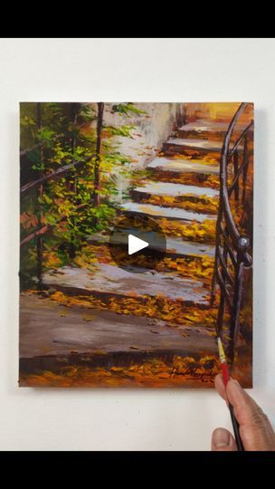 Yard Stairs, Trees Sunlight, Creative Arts Therapy, Morning Sunlight, Acrylic Tutorials, Beautiful Yards, Acrylic On Paper, Acrylic Art, Landscape Painting