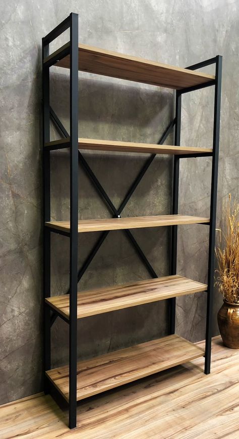 Black Metal Bookshelf, Metal Bookshelves, Industrial Bookshelves, Metal Book Shelf, Bookshelf Metal, Bookshelf Living Room, Living Room Bookshelf, Steel Bookshelf, Barbershop Ideas