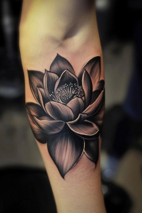 Lotus Flower Tattoo On Black Women, Men’s Lotus Flower Tattoo, Realism Lotus Tattoo, Water Lotus Tattoo, Japanese Lotus Flower Tattoo Design, Lotus Flower Tattoo Black, Egyptian Lotus Tattoo, Black Lotus Flower Tattoo, Lotus Wrist Tattoo