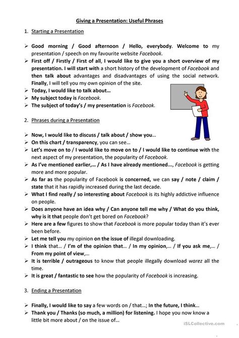 Giving a Presentation - Useful Phrases - English ESL Worksheets for distance learning and physical classrooms Giving A Presentation, Speaking Activities English, Business Writing Skills, Speech Topics, English Conversation Learning, Presentation Topics, Essay Writing Skills, Conversational English, Good Communication Skills