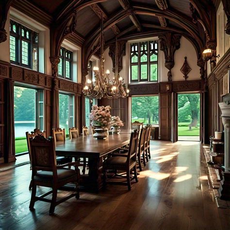 English Manor House Dining Room, Tudor Interior Design, Manor Dining Room, English Manor Houses Interior, Gothic Dining Room, Log Cabin Mansions, Manor House Interior, Victorian Rooms, Mansion Aesthetic