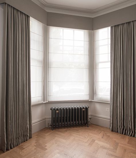 Blind And Voile Curtains, Roman Sheer Blinds, Voile Roman Blinds With Curtains, Bay Window Pelmet, Window Pelmet, Sheer Roman Blinds, Room Panelling, Bay Window Bedroom, Sheer Curtains Bedroom