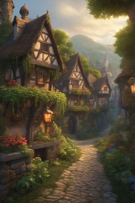 Colorful medieval eclectic fantasy village with overgrown pl... by Andrew Weston - Playground Fantasy Village, Minecraft Medieval, Fantasy Homes, Medieval Fantasy, Create Art, Image Generator, Fantasy Books, Social Media Posts, Fantasy World