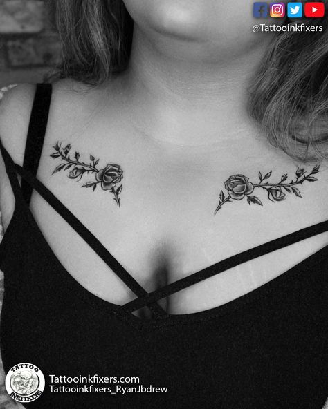 Women's Collar Bone Tattoo, Roses Collar Bone Tattoo, Collar Bone Rose Tattoo, Tattoo Collar Bone Women, Rose Tattoo On Collar Bone, Mumma Tattoo, Color Bone Tattoos For Women, Rose Tattoo On Chest, Rose Thorn Tattoo