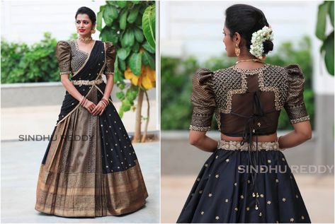 Lengha Voni Blouse Designs, Pattu Half Saree Blouse Designs Latest, Pattu Saree To Lehenga Convert, Lehanga Designs From Old Saree, Dhavani Blouse Ideas, Old Saree Lehenga Designs, Saree Lehanga Design, Pattu Lehenga Half Saree Latest, Pattu Pavada Blouse Designs