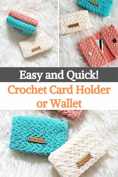 This crochet cardholder is perfect for a quick gift or to sell at craft fairs. Very little yarn is needed to make this crochet card bag. It only takes about 80 feet for a crochet cardholder. What a fun idea, right? You can put your credit cards or gift cards in this cardholder and throw them in your bag. You can also carry it in your pocket. The free crochet card holder pattern has a beginner-friendly construction. It is made by folding a simple rectangle. Try using the remaining cotton yarn... Crochet Wallets Patterns, Knitted Card Holder Free Pattern, Crocheted Credit Card Holder, Crocheted Wallet Free Pattern, Quick Crocheted Gifts, Crochet Pocket Bag, Crochet Small Wallet Pattern Free, Crochet Gift Card Holders Free Pattern, Crochet Card Wallet Free Pattern