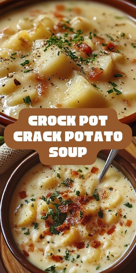 🥔🥣 Warm up with this Crock Pot Crack Potato Soup – the perfect cozy comfort food! This creamy, cheesy soup is loaded with potatoes, bacon, and flavorful spices, making it a family favorite for chilly days. Just toss the ingredients into the crock pot and let it simmer to perfection. Easy to make and delicious to eat, this recipe is a must-try for soup lovers. 🍲🧀 #CrockPotSoup #CrackPotatoSoup #ComfortFood #SlowCookerRecipes #CozyMeals #FallFood #EasyRecipes #FamilyFavorites Crockpot Loaded Potato Soup, Cheesy Potato Soup Easy, Crock Pot Potato Soup, Crock Pot Potato, Homemade Potato Soup, Soup Hearty, Best Potato Soup, Cheesy Potato Soup, Crock Pot Potatoes