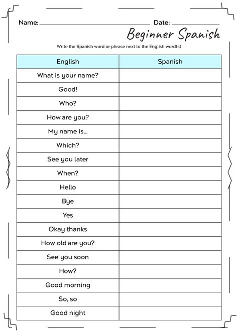 Spanish Learning Sheets, 3rd Grade Spanish Worksheets, Spanish Homework Worksheets, Beginner English Lessons For Adults, Learning Spanish Worksheets, Spanish Learning Worksheets, Spanish Time Worksheet, Spanish Test For Beginners, Spanish Greetings Worksheet