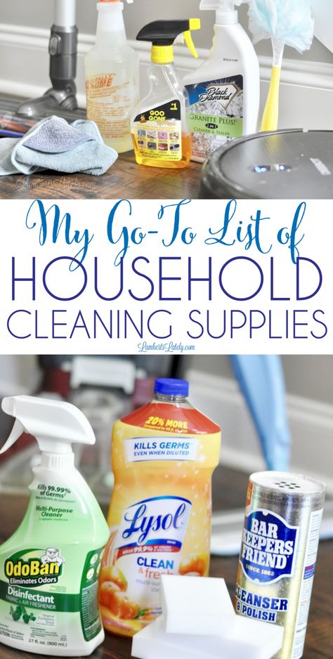 This list of everyday household cleaning supplies has products you will use on a daily & weekly basis to keep your home tidy! Includes ideas for cleaning the kitchen, bathroom, floors, and home exterior. Cleaning Products List, Cleaning Supplies Checklist, Putz Hacks, Household Cleaning Products, Cleaning Supplies List, Bathroom Cleaning Supplies, Best Cleaning Products, Multipurpose Cleaner, Household Cleaning Tips