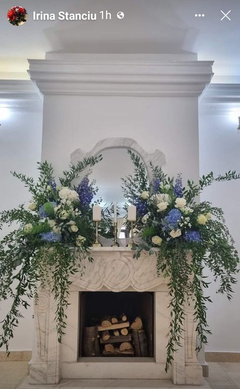 Mantel Floral Arrangements Wedding, Fireplace Greenery, Mantel Floral Arrangements, 10th Anniversary Party Ideas, Fireplace Florals, Wedding Mantle, 10th Anniversary Party, 2024 Bride, Church Altar Decorations