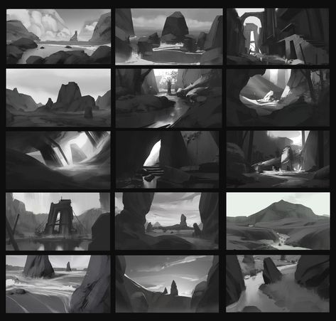 ArtStation - Journey to the Sundered Lands - Sketches, David Fortin Values Tutorial, Value Painting, Environment Sketch, Thumbnail Background, Environment Painting, Thumbnail Sketches, Concept Art Tutorial, Landscape Concept, Matte Painting