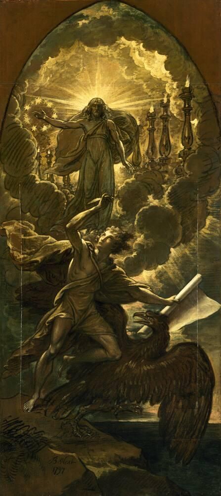 Saint John the Divine called to write the Revelation. 1797. Oil on five sheets of paper mounted on canvas, itself mounted on wood. 57 7/8 × 26 1/2 ins (147 × 67.3 cms). The Museum of Fine Arts, Houston. Apocalypse Bible, Benjamin West, Golden Lamps, St John The Evangelist, Apocalypse Art, John The Evangelist, Revelation 1, Bible Images, Bible Pictures