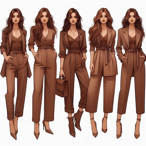 Brown outfits lookbook. #capsulewardrobe #bown #style #women Journalist Clothes, Shades Of Brown Outfit, Sirens Fashion, Brown Outfits, Fashion Show Poster, Dark Academia Style, Dress Illustration, Fashion Drawing Dresses, Theme Dress