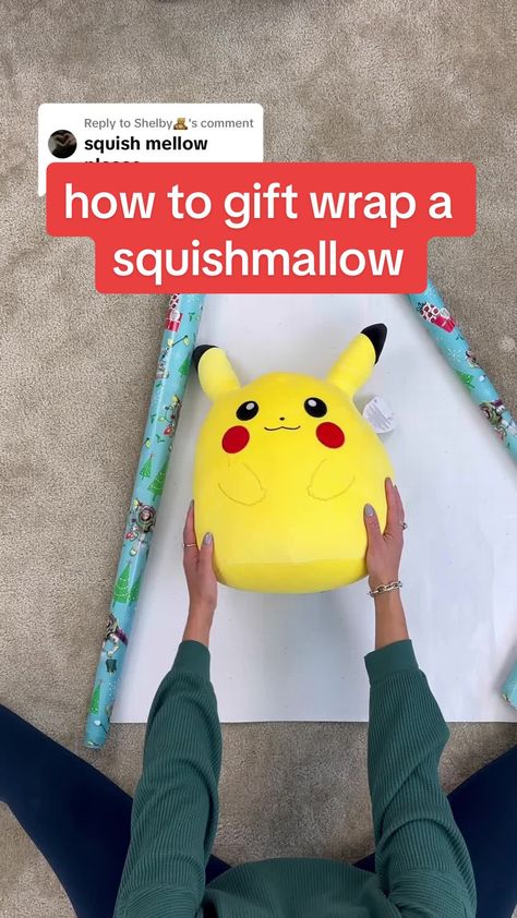 Wrapping Squishmallows, Wrapping A Pillow As A Gift, How To Wrap Toys For Christmas, How To Wrap Squishmallow, Diy Present Wrapping Ideas, Wrap A Pillow As A Gift, How To Gift Wrap A Squishmallow, Pillow Gift Wrapping Ideas, How To Wrap A Squishmallow