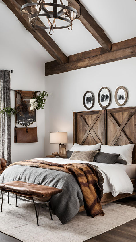 Combine rustic charm with modern elegance in your bedroom. White walls serve as a great backdrop for wood accents and cozy textiles. Perfect for creating a warm and inviting space! #RusticDesign #MensBedroom #WhiteWalls Cabin Master Bed, Rustic Bedroom Ideas For Men, Modern Rustic Bedroom Ideas, Bedroom White Walls, Wood Panel Bedroom, Modern Rustic Bedroom, Wood Interior Walls, Rustic Bedroom Ideas, Modern Rustic Bedrooms