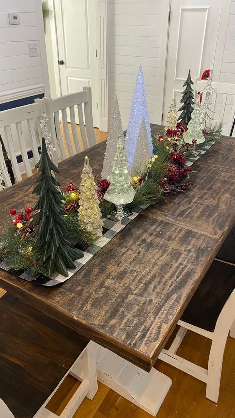 Tree Table Centerpieces Christmas, Rustic Farmhouse Christmas Table, Christmas Tree On Dining Table, Christmas Table Centerpieces With Trees, Christmas Trees Centerpieces For Table, Christmas Decor Dinning Room Table, Kitchen Christmas Centerpiece Ideas, Christmas Tree On A Table Ideas, Christmas Tree Farm Table Decor