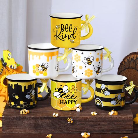 PRICES MAY VARY. Variety of Bee Designs: the set of 6 mini bee mugs come with stylish and charming designs, ideal for adding a delightful sense to your holiday decor; The designs include bees, honey and more, delightful words that will bring joy to your morning coffee or tea; The mini mugs also come with ribbons in yellow color, adding a sense of delicacy to your home decorations Safe and Reliable: these mini coffee cups are made of quality ceramic material, ensuring durability and safety for ev Bee Decor For Kitchen, Bee Centerpieces, Bee Kitchen Theme, Bee Mugs, Bee Home Decor, Bee Kitchen, Mini Mugs, Mini Coffee Cups, Family Dining Table