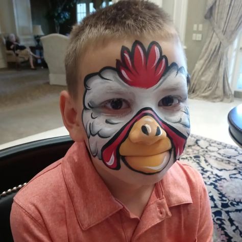 Rooster Face Painting, Happy Face Paint, Chicken Face Painting, Farm Face Paint, Farm Animal Face Paint, Chicken Face Paint, Face Paint Animals, Face Painting Animals, Batman Face Paint