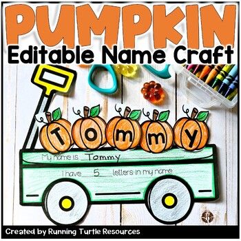 This Fall Pumpkin Craft is a fun and festive way to practice name recognition. This editable name craft doubles as an adorable October Bulletin Board! The Pumpkin Themed Craft includes EDITABLE Pumpkin Letters, as well as blank pumpkins to write names. This name craft also supports fine motor, sorting, counting and coloring skills.This Helpful Resource Includes:- Printable Pumpkin Uppercase and Lowercase Letters - Extra Pumpkin Vowels - Editable Pumpkin Letters via Powerpoint - Pumpkin Wagon Tem Halloween Name Craft, Easy Kindergarten Crafts, October Preschool Themes, October Bulletin Board, Pumpkin Patch Craft, Pumpkin Wagon, October Bulletin Boards, Pumpkin Math, Train Crafts