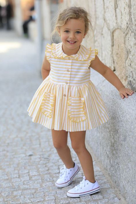 Dress With Peter Pan Collar, Yellow Striped Dress, Yellow Candy, Spain Spanish, Stripes Dress, Summer 22, Frocks For Girls, Children's Fashion