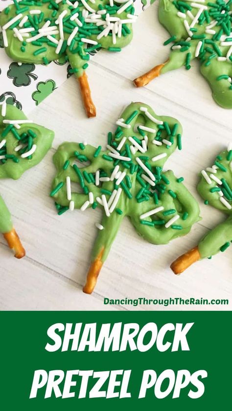 These Shamrock Pretzel Pops are the perfect dessert for celebrating St. Patrick's day! Green and delicious - a salty and sweet treat! #stpatricksdaydesserts #greendesserts #greenfood Shamrock Pretzel Pops, Shamrock Pretzels, St Patrick's Day Desserts, Pretzel Pops, St Patricks Food, St Patrick Day Snacks, Shamrock Craft, St Patrick Day Treats, Mint Oreo