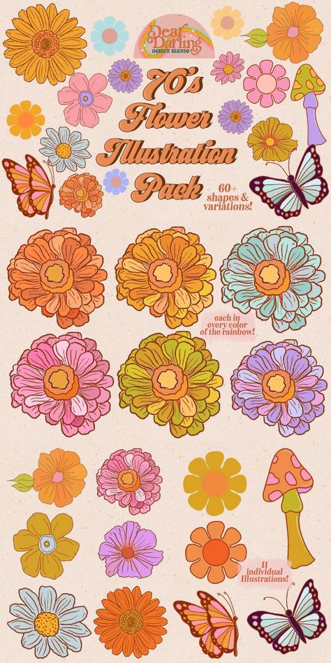 Retro Flower Illustration, Hippie Flower Tattoos, 70s Illustration, Hippy Flowers, 70s Color Palette, 70’s Decor, Cottagecore Flowers, 70s Flowers, City Project