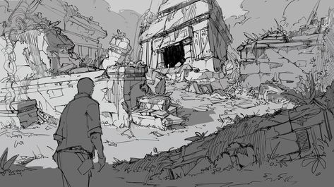 Village Perspective Drawing, Background Refrence Images, How To Draw Environments, Environment Concept Art Sketch, Building Perspective Drawing, Manga Environment, Perspective Drawing Reference, Concept Art Background, Forest Concept Art