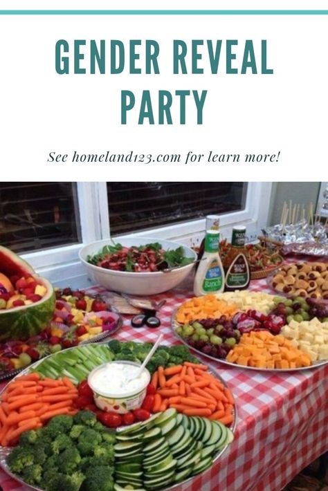 Easy Food For Gender Reveal Party, Gender Party Food Ideas, Gender Reveal Cookout Food, Gender Reveal Buffet Table, Gender Reveal Party Food Appetizers Appetizer Ideas, Gender Reveal Ideas Snacks, Gender Reveal Cookout Ideas, Food For Gender Reveal Party Appetizers, Budget Gender Reveal Party