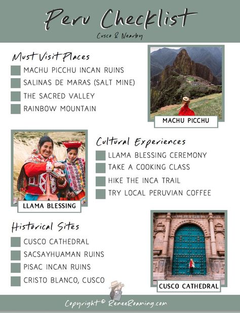 Peru Checklist - Renee Roaming Machu Picchu Peru Travel, Renee Roaming, Backpacking Peru, Peru Trip, Peru Vacation, Inca Trail Hike, Travel Peru, Peru Travel Guide, Inca Trail